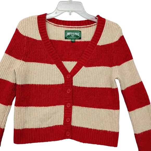 American Eagle Rugby Button Down Sweater Red and Beige Striped V Neck - Picture 4 of 9